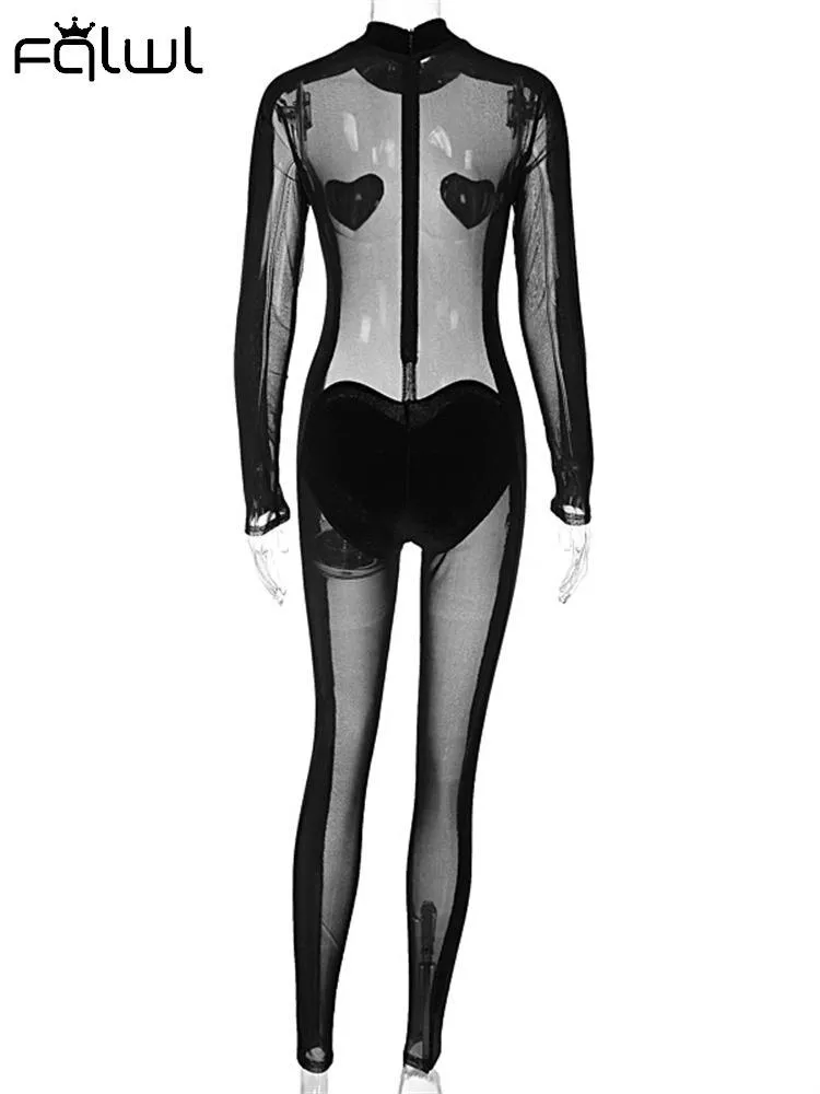 znbbw Autumn Sexy Mesh Patchwork Jumpsuit Club Outfit For Women 2023 Long Sleeve See Through One Pieces Female Casual Jumpsuit - Image 7