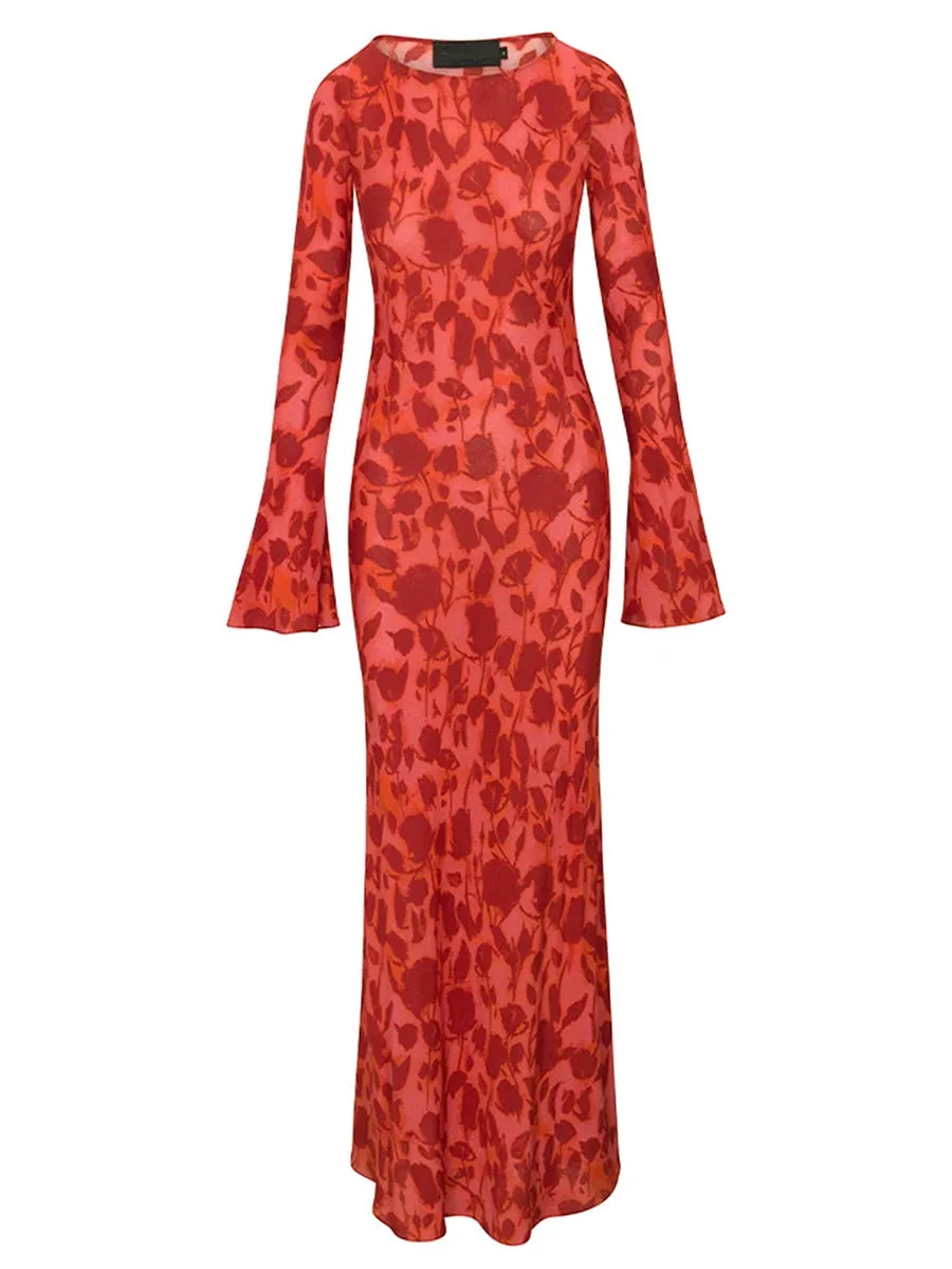 Znbbw Women Spring Autumn Maxi Dresses Zebra/Floral Print Long Flared Sleeve Round Neck Slim 2000s Aesthetic Long Dress Streetwear - Image 7