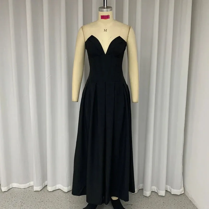 Znbbw Women's Dress Summer Strapless Sleeveless Backless Solid Color Fishbone Tube Top Pleated Long Gown Elegant Party Dresses - Image 3