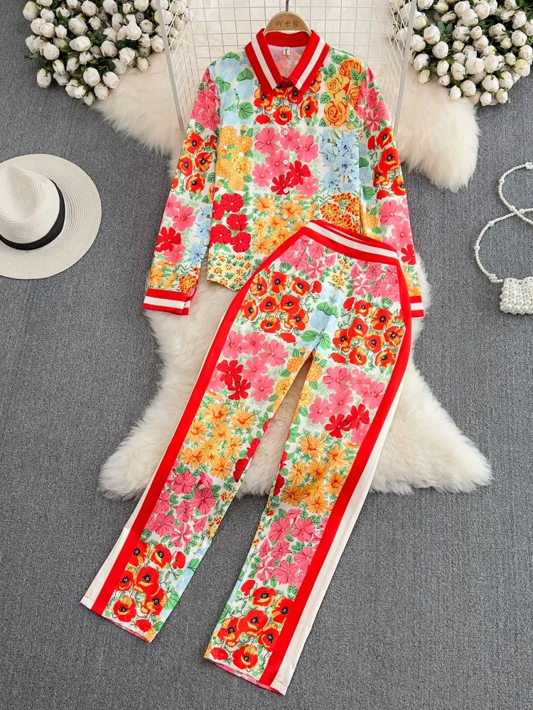 Znbbw Autumn Runway 2 piece Pant Sets Women Elegant Flower Print Shirt Tops +Full-Lenght Pants Office Ladies Set Outfits N67464 - Image 2