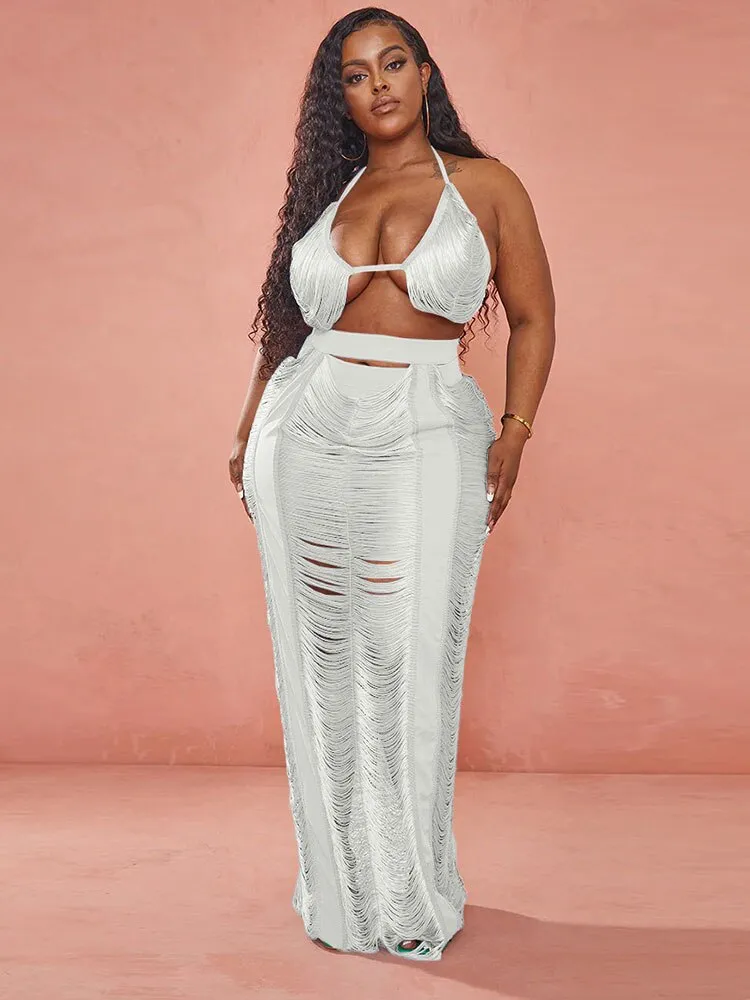 Znbbw 2023 Summer Knitted Hollow Out Sexy 2/Two Piece Skirt Sets Plus Size Women Outfits Holiday Beach Crop Top And Skirt - Image 3