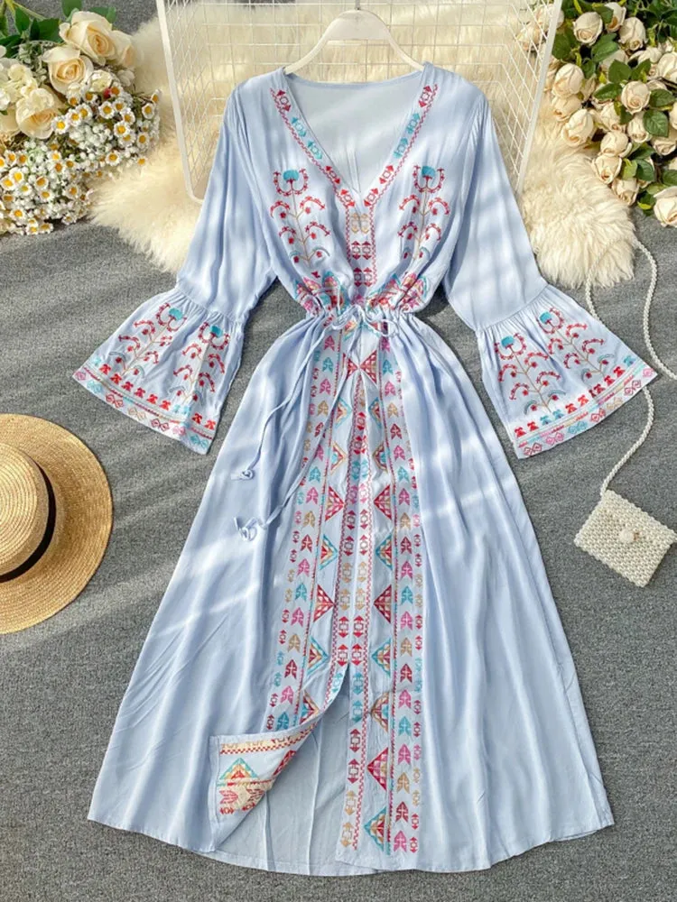 Znbbw Women's Dress Heavy Industry Embroidery V-neck Drawstring Trumpet Sleeves Ethnic Style Thin Waist Long Dresses LL040 - Image 3