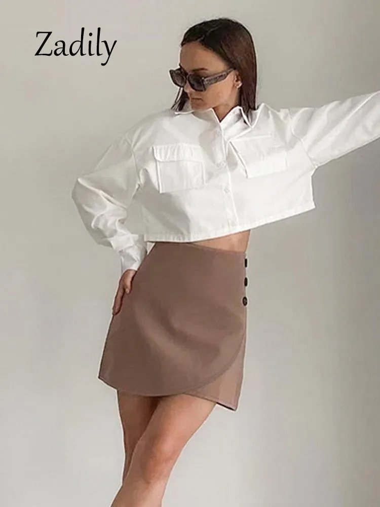 znbbw 2023 Spring Minimalist Long Sleeve Women Whiter Shirt Sexy Pocket Button Up Woman Crop Tops Blouse Summer Female Clothing - Image 6