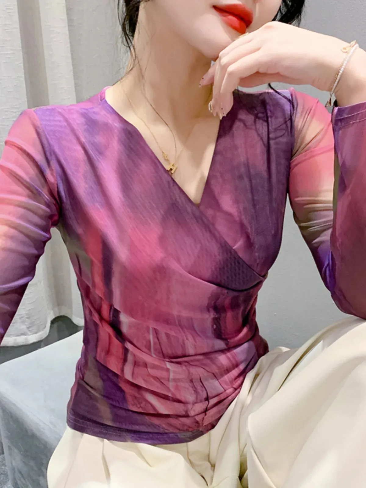 Znbbw Autumn Wrinkled Cross V-Neck Long Sleeve Mesh T-shirt Women High Stretch Printing Fashion Slim Base TShirts FF0919 - Image 3