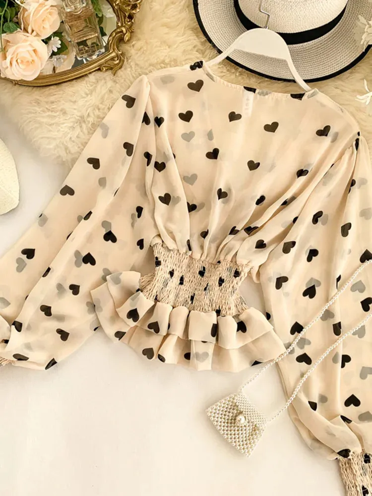 Znbbw Women's Love Print Chiffon Shirt Top Spring Autumn V-neck Puff Sleeve Elastic Waist Double-layer Ruffled Tops and Blouses ML702 - Image 3