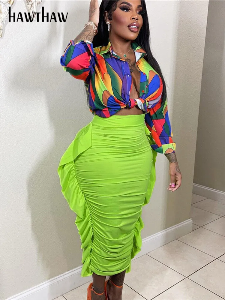 Znbbw Women Fashion Streetwear High Waisted Pleated Green Pencil Midi Skirt 2023 Summer Clothes Wholesale Items For Business - Image 3