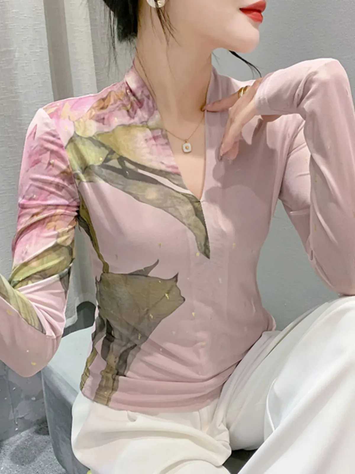 Znbbw Autumn Fashion Bronzing T-shirt Women Located Printing Big Flowers Slim TShirts Female High Stretch Top HF8730 - Image 3