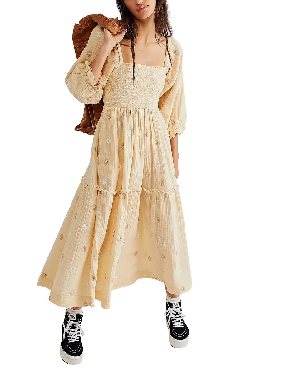 Znbbw Women's Flower Embroidered Long Dress Bodycon Lantern Sleeve Square Neck Tiered Flowy Dress Bohemian Summer Beachwear Dresses - Image 8