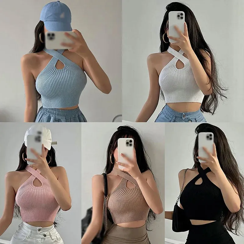 Znbbw Women's Korean Version Vest With Cross Hanging Neck And Hollow Out Sexy Slim Fitting Exposed Navel Knitted Vest - Image 2