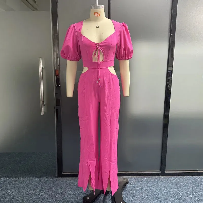 Znbbw Women Jumpsuit Puff Sleeves V Neck Lace Up Nipped Waist Hollow Out Loose Wide Legs Casual Pants Romper High Streetwear - Image 3