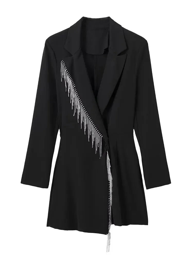 Znbbw Women silvery Tassels Suit Dress Lapel Long Sleeve Romper Short Suit 2023 Autumn Winter New Office Lady Outwear Jumpsuit - Image 4