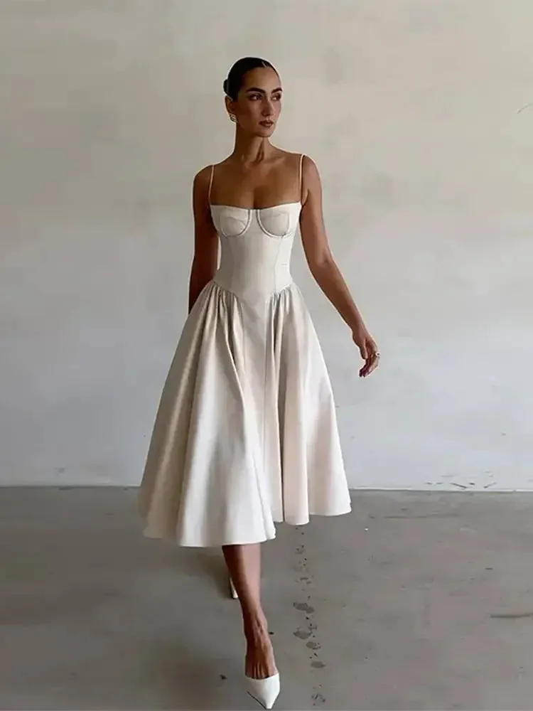 Znbbw Women Elegant Spliced Sling Midi Dress Fashion Sleeveless Backless Pleated Hem Dresses Summer Lady High Waist Party Evening Robe - Image 4