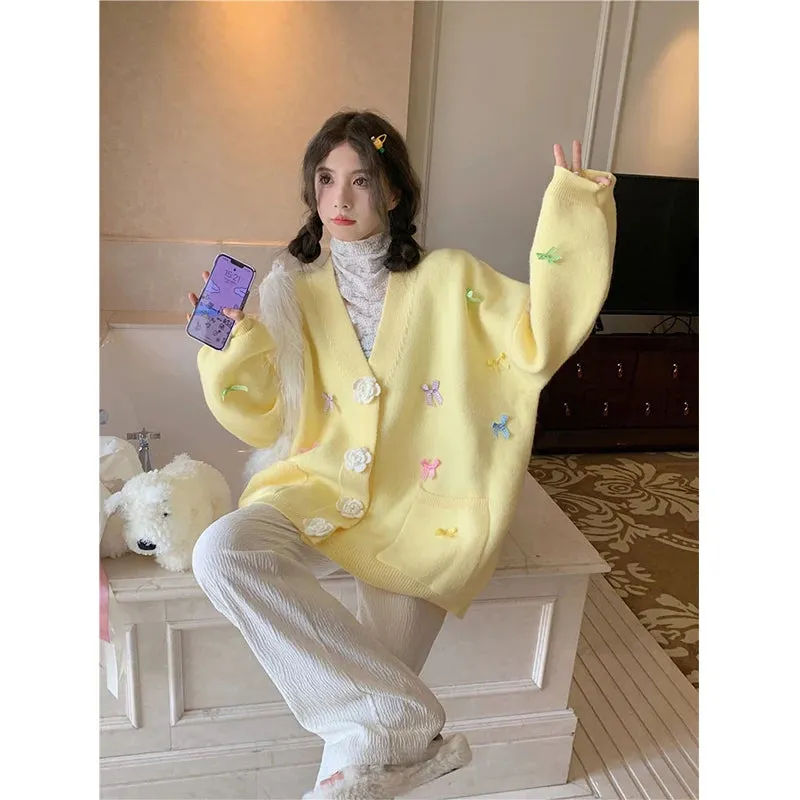 Znbbw 3D Flowers Knitted Cardigan Women Kawaii Bow V Neck Sweater Coat Korean Cute Oversized Knitwear Streetwear Casual Jumper - Image 5