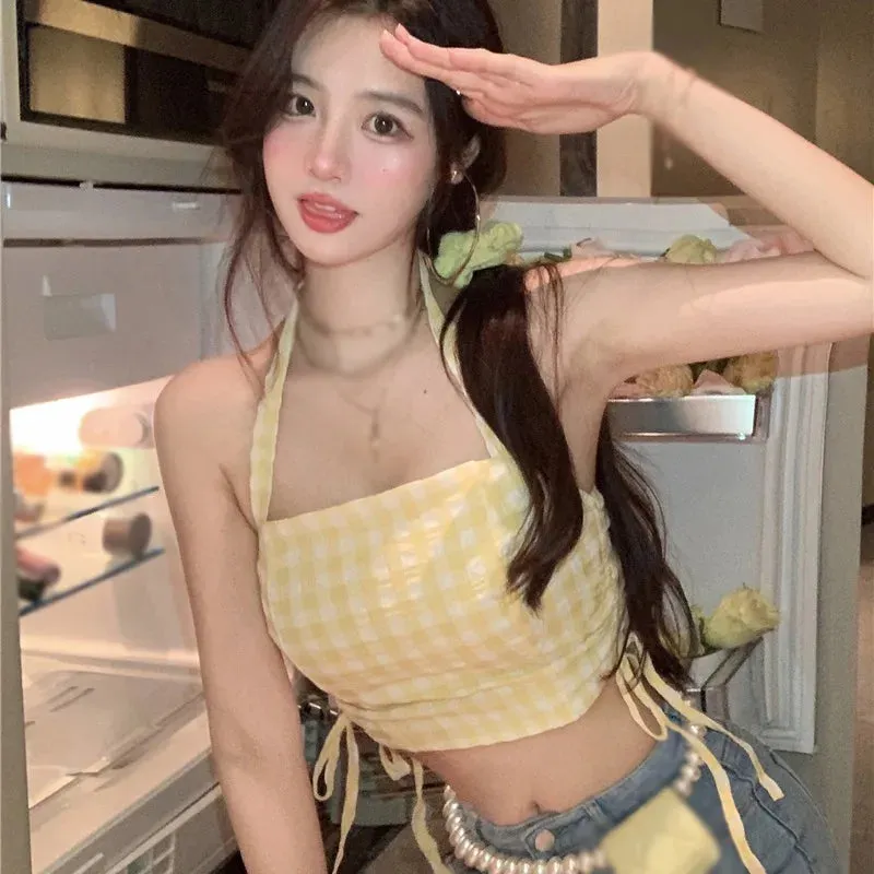 Znbbw Women's Plaid Tank Top With Lace Up Slim Fitting Navel Exposed Tank Top - Image 6