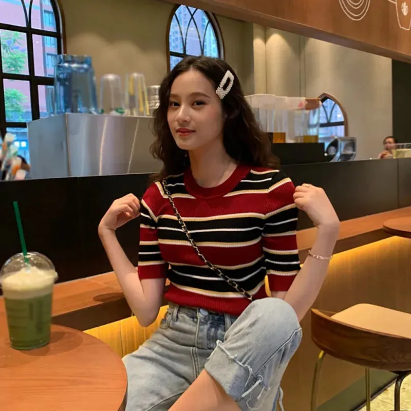 Znbbw Women's Striped Printed Sweater T-shirt Slim Fitting Short Sleeved Round Neck Knitted Sweater - Image 2