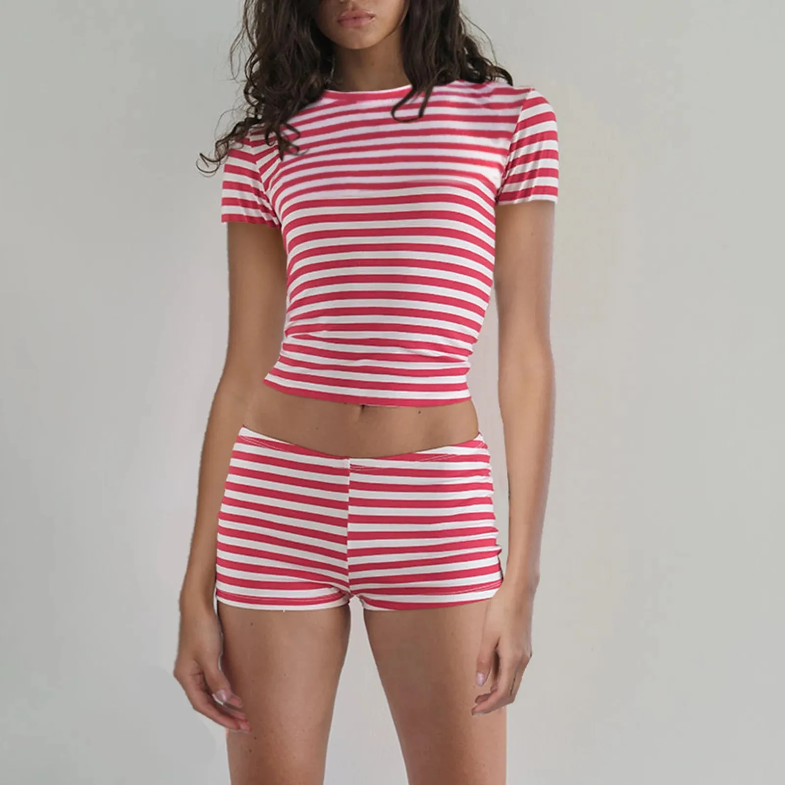 Znbbw Women Summer 2000s Aesthetic 2 Piece Casual Outfits Short Sleeve Striped Print T-shirts Tops+Low Waist Shorts Clothes Streetwear - Image 2