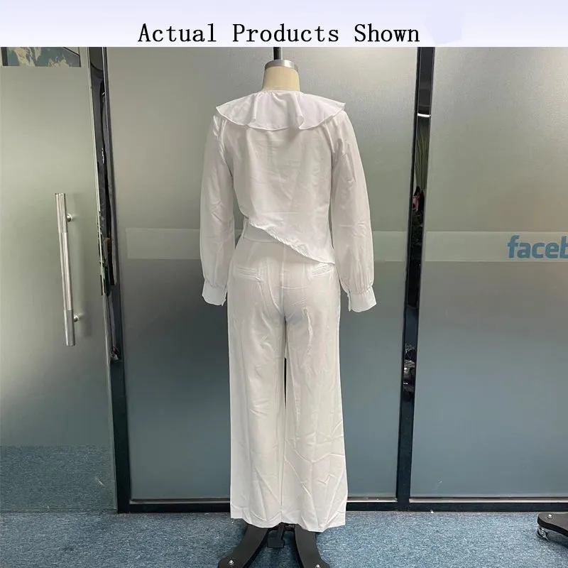 Znbbw Women Two Piece Set Autumn Fashion Solid V Neck Long Sleeves Ruffled Top Casual Loose With Pockets Pants Sets Streetwear - Image 4