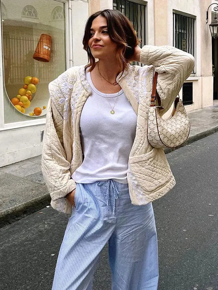 Znbbw Women White Print Patchwork Short Jackets With Pockets Long Sleeve Thick Warm Overcoat Female Elegant Streetwear Tops 2023 - Image 3