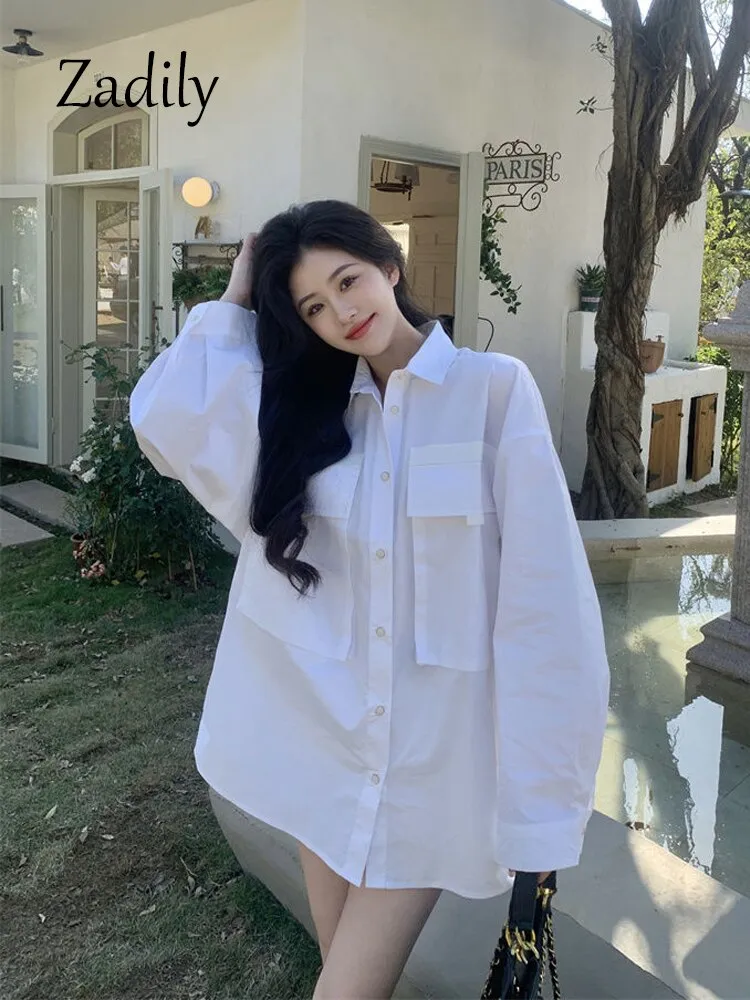 znbbw 2023 Spring Korea Style Full Sleeve Women Long White Shirt Oversize Button Up Pocket Ladies Blouse Casual Female Clothing