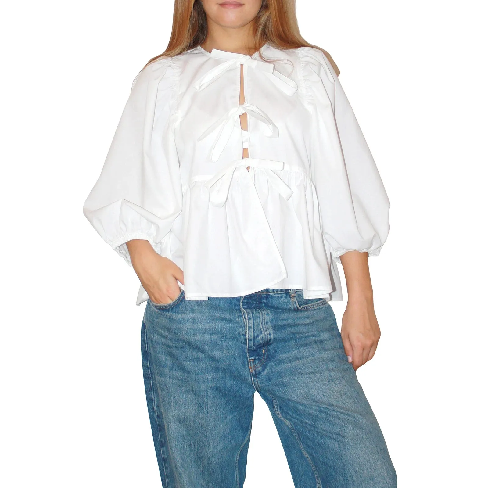 Znbbw Women y2k Puff Short Sleeve Shirts Tie Front Ruffle Hem Loose Office Blouse Tops Teen Girls Lace up Cute Summer Kawaii Tops - Image 12