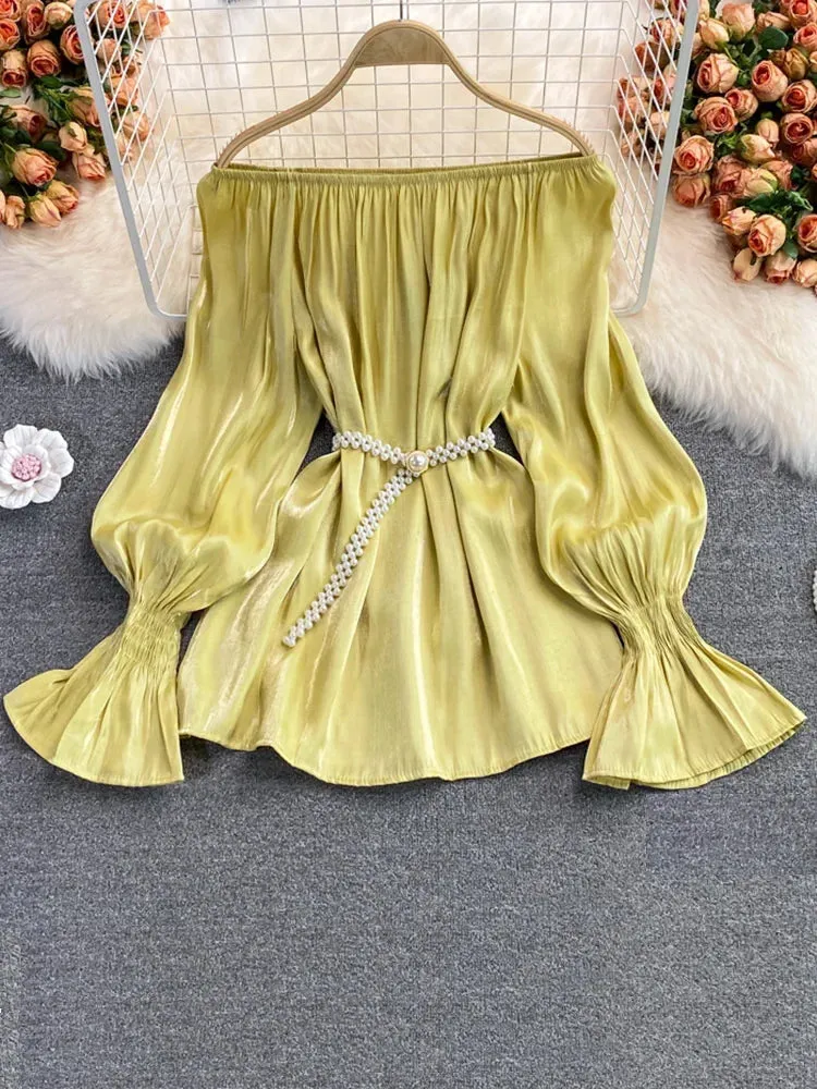 Znbbw Autumn Women's Mid-length Chiffon Blouse with Waistline Neckline Flared Sleeve Shirt Women GD610 - Image 4