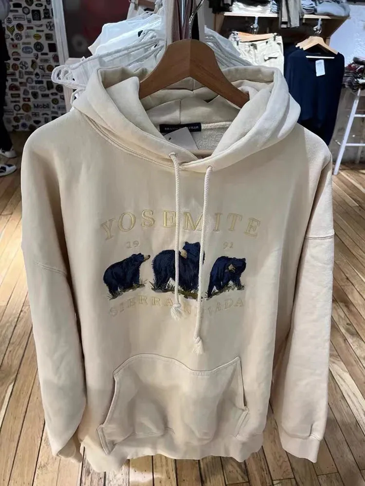 Znbbw Bear Embroidery Beige Hoodie Women Autumn Cotton Pocket Loose Hooded Sweatshirt Vintage Cute Streetwear Pullovers Top Y2k - Image 4