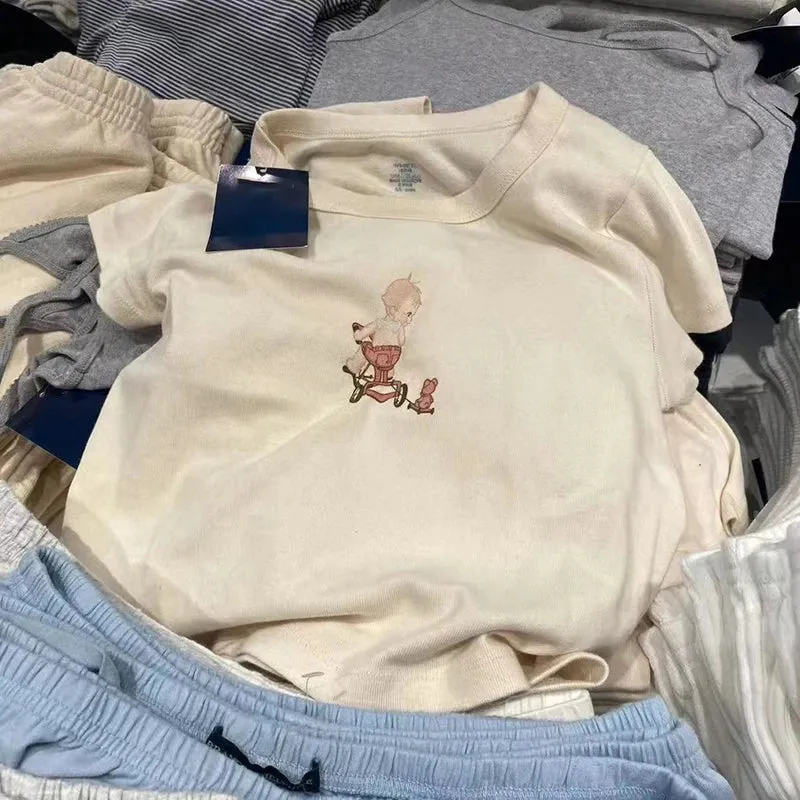 Znbbw Angel Print Slim Tees Women Summer O Neck Cotton Streetwear Short Sleeve Tees Beige Harajuku Vintage Cute Crop Top Y2k - Image 4