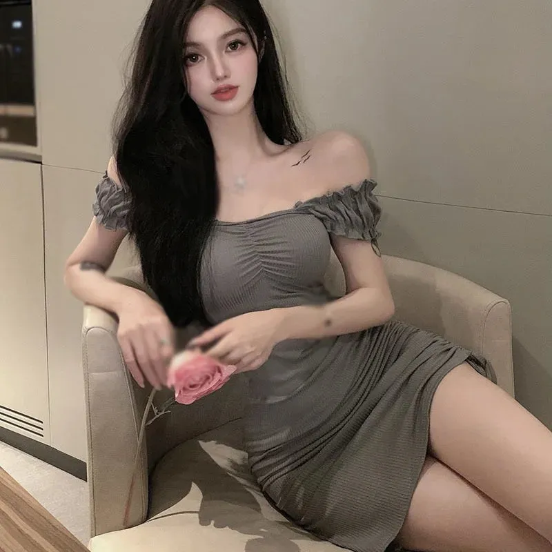 Znbbw Women's Korean Edition Dress Summer One Line Neck Slim Fit Drawstring Bubble Sleeve Sexy Short Sleeve Dress - Image 2