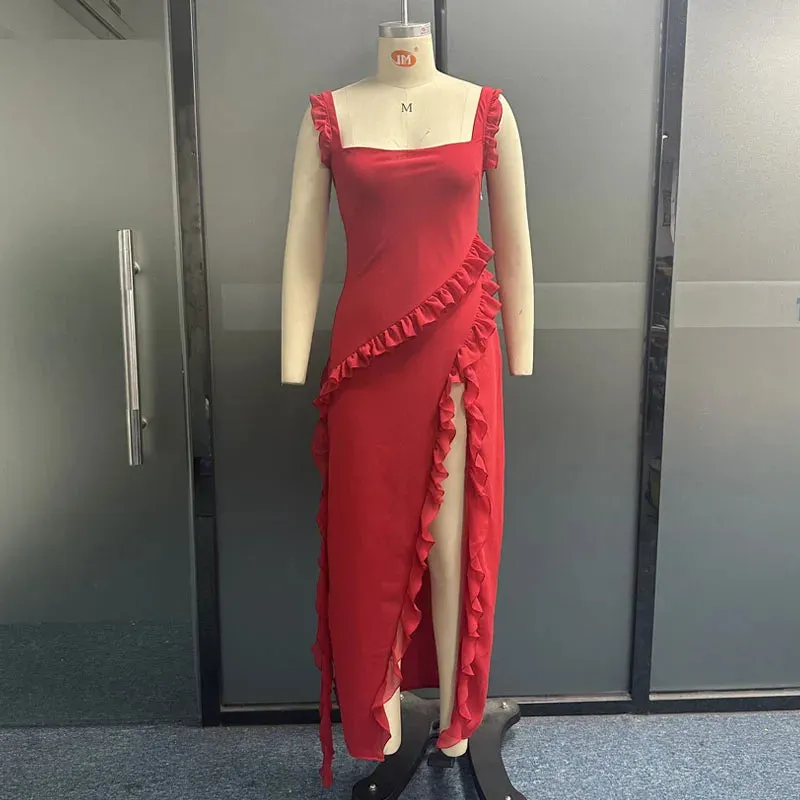 Znbbw Women Maxi Dress Fashion Elegant Sling Sleeveless Square Collar Pleated Slits Solid Beach Long Dresses High Streetwear - Image 5