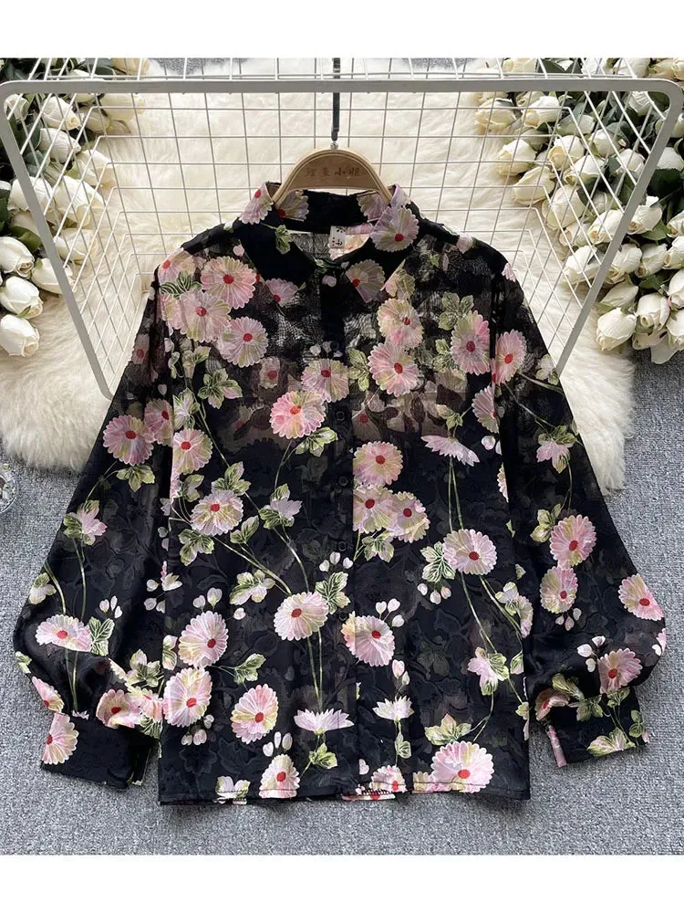 Znbbw Women Spring Shirt Korean Version Temperament High-end Floral Shirt with Bubble Sleeve Design Niche and Unique Top D5053 - Image 5