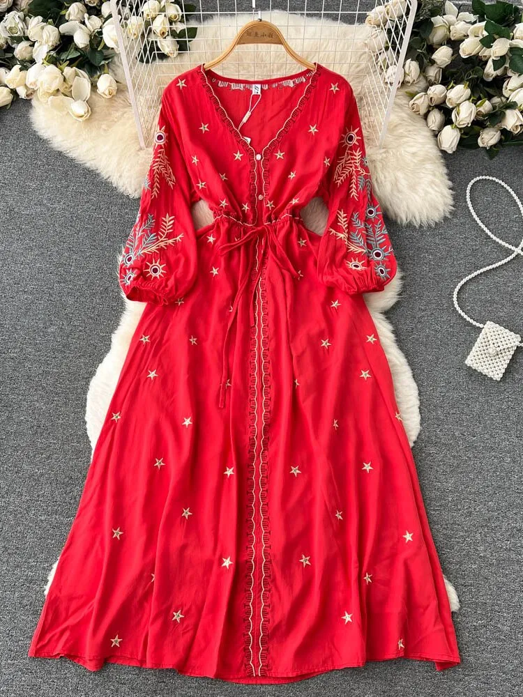 Znbbw Ethnic Style Lace Up Lantern Sleeve Waist Slimming Embroidery Red Temperament Dress Stunning Long Vestidos Women D1473 - Image 2