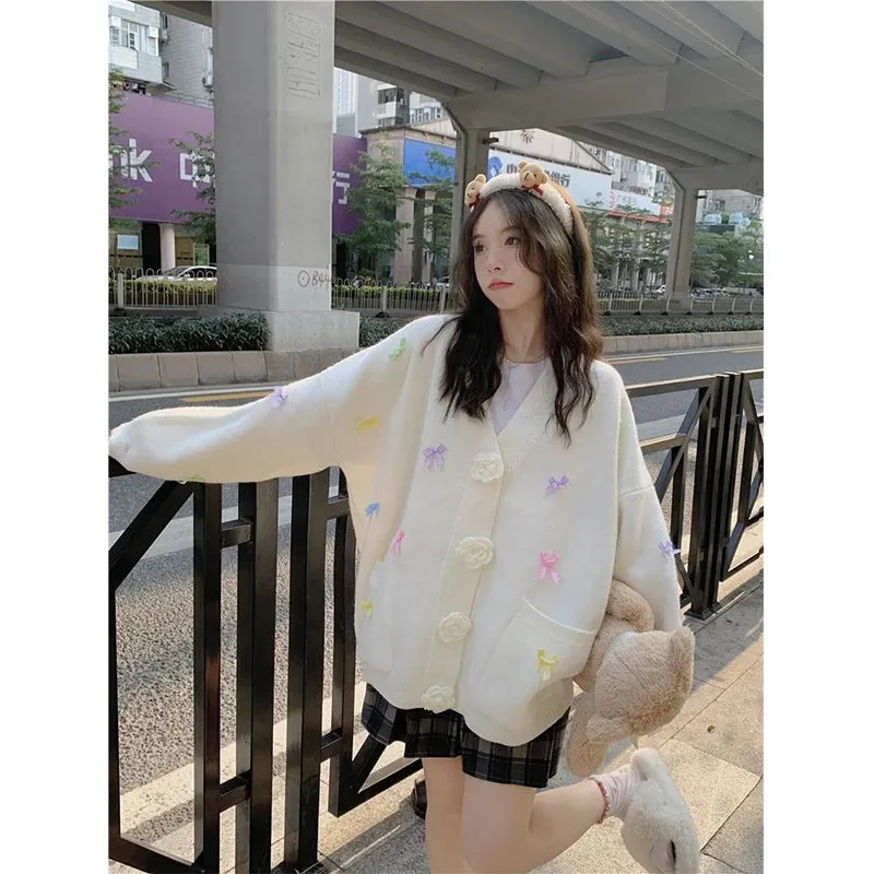 Znbbw 3D Flowers Knitted Cardigan Women Kawaii Bow V Neck Sweater Coat Korean Cute Oversized Knitwear Streetwear Casual Jumper - Image 3
