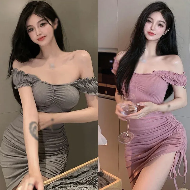 Znbbw Women's Korean Edition Dress Summer One Line Neck Slim Fit Drawstring Bubble Sleeve Sexy Short Sleeve Dress - Image 5