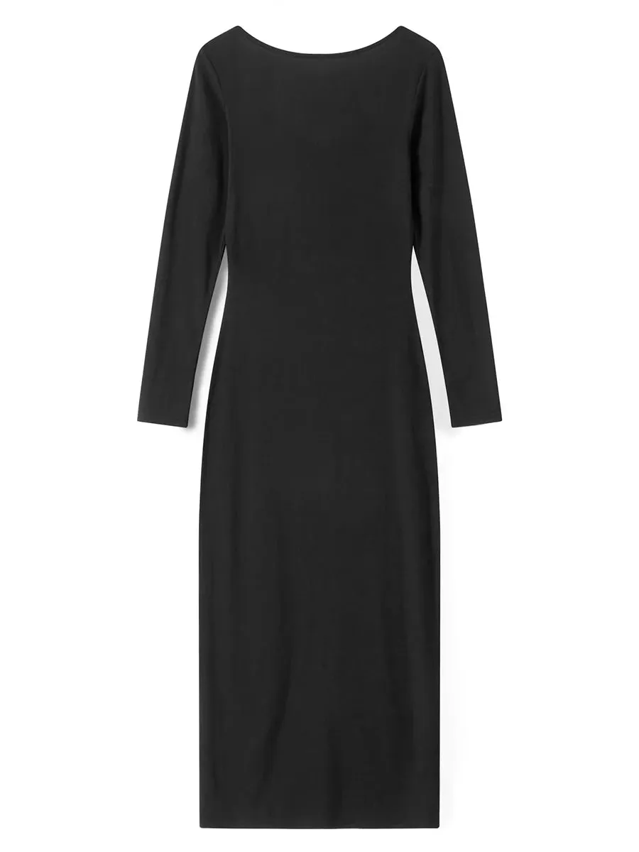 Znbbw Women Long Sleeve Square Neck Sleeve Long Bodycon Dress Knitted Low Cut Pencil Sheath Dress Stretchy Clubwear - Image 5