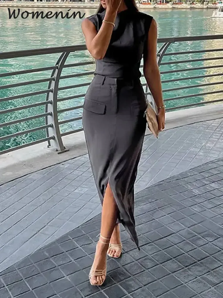 Znbbw 2 Piece Sets Women Outfit 2024 Spring Summer Chic Solid Slim O-neck Top High Waist Pocket Split Skirts Lady Skirt Set - Image 5