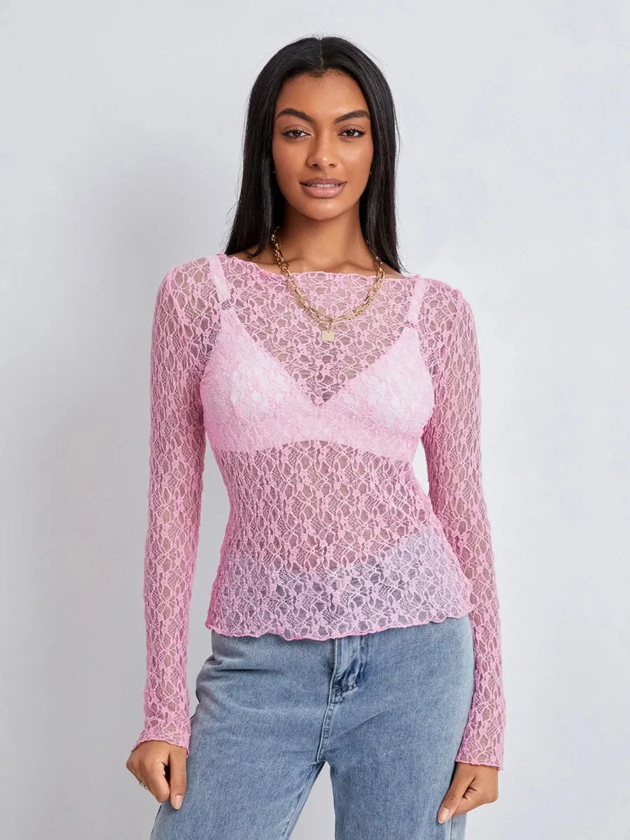 Znbbw Women's See-Through Lace Sheer Tops 2024 Fall New Chic Long Sleeve Round Neck Slim Fit T-Shirts Going Out Tops for Party - Image 4