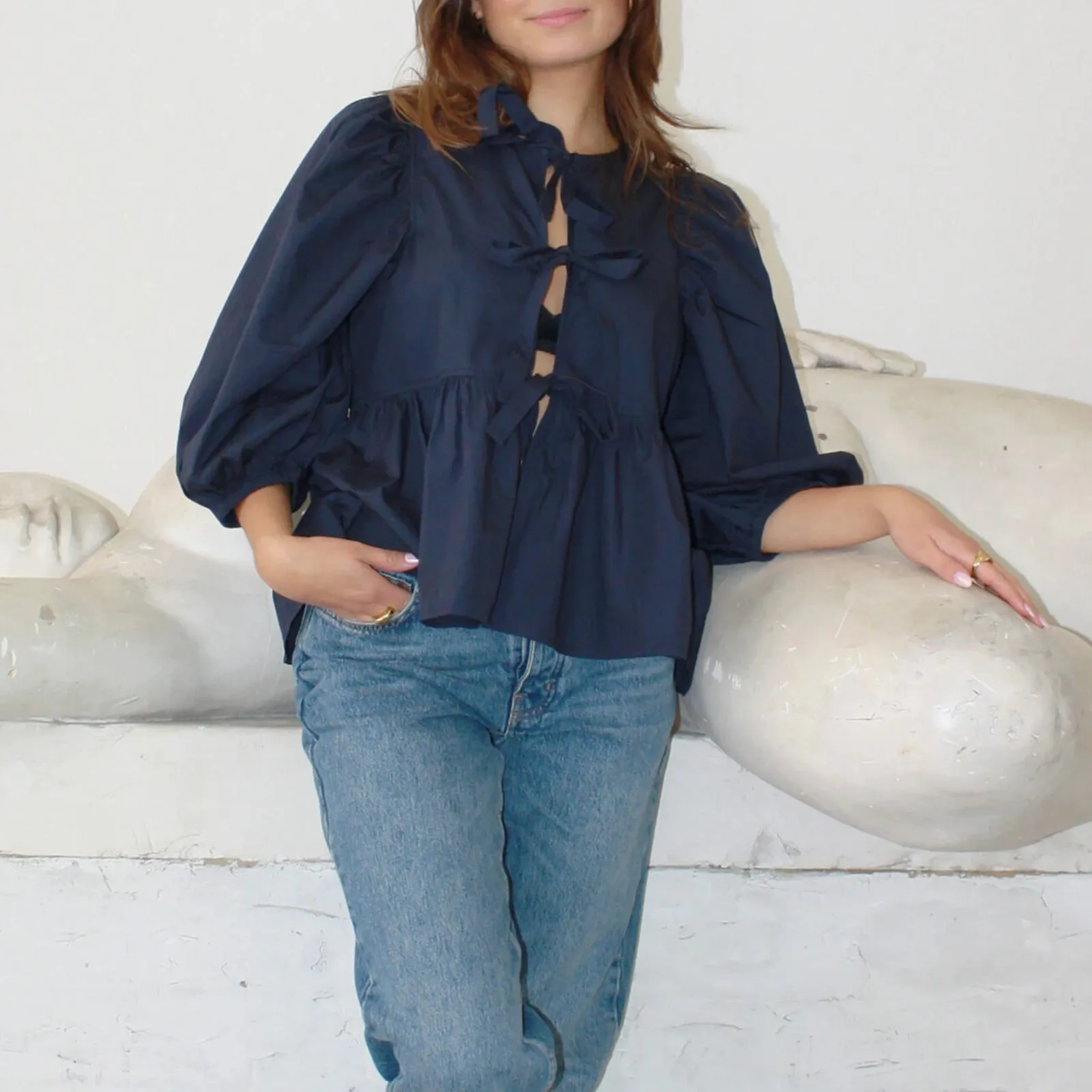 Znbbw Women y2k Puff Short Sleeve Shirts Tie Front Ruffle Hem Loose Office Blouse Tops Teen Girls Lace up Cute Summer Kawaii Tops - Image 5