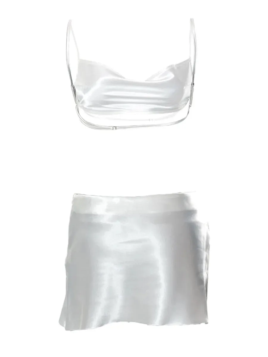 Znbbw Women Summer Sexy Satin 2 Piece Skirt Sets Solid Sleeveless Spaghetti Strap Crop Tops Bodycon Backless Mini Dress Party Outfits - Image 4