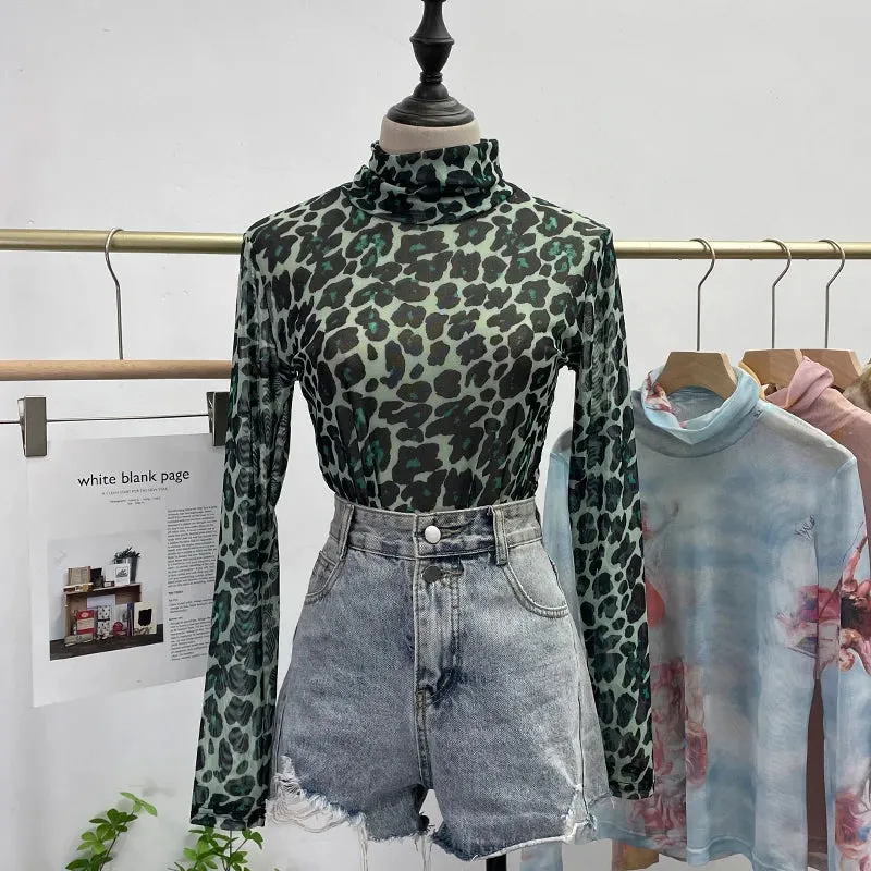 Znbbw Autumn Single-Layer Mesh Base T Shirt Girls Printed Full Sleeve Turtleneck Tees Slim Women See Through Tshirts - Image 8