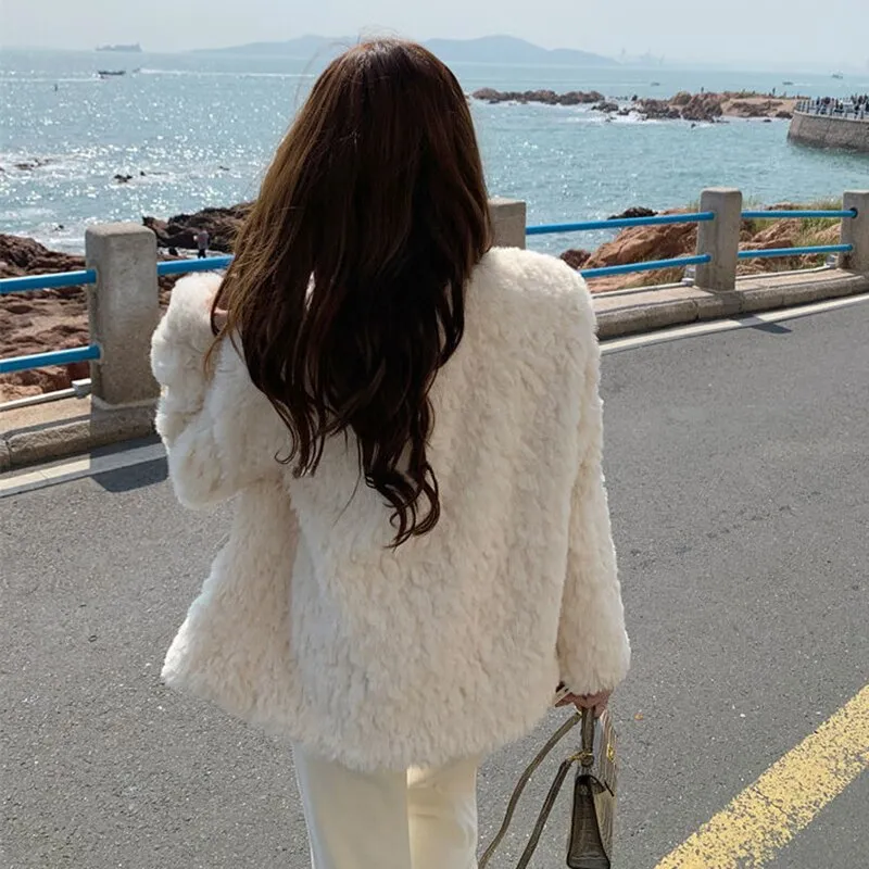 znbbw Autumn Korean Fashion Lamb Wool Coats Luxury Women Streetwear O-Neck Faux Fur Jackets Female Winter Thick Warm Plush Coat - Image 5