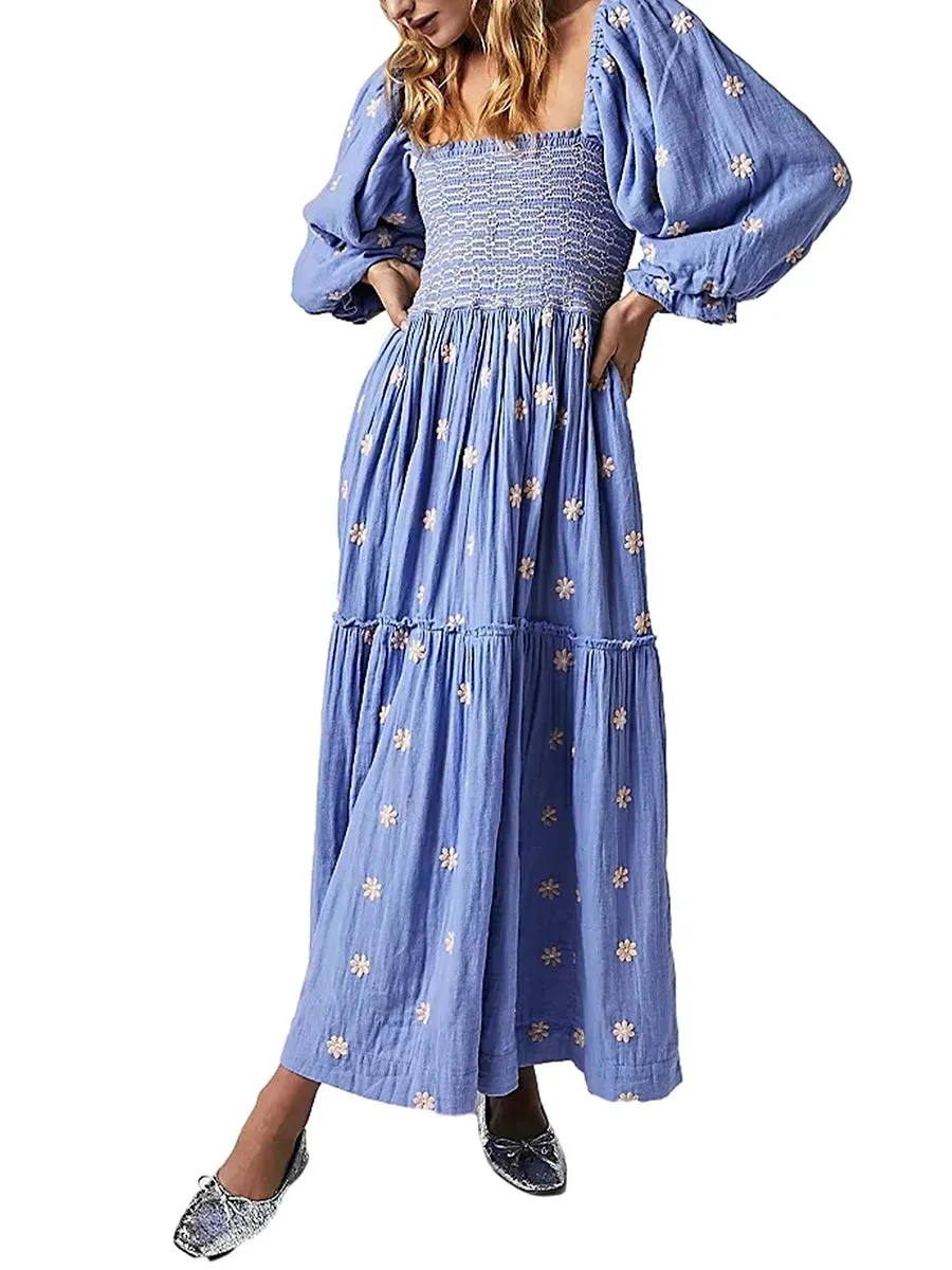 Znbbw Women's Flower Embroidered Long Dress Bodycon Lantern Sleeve Square Neck Tiered Flowy Dress Bohemian Summer Beachwear Dresses - Image 5