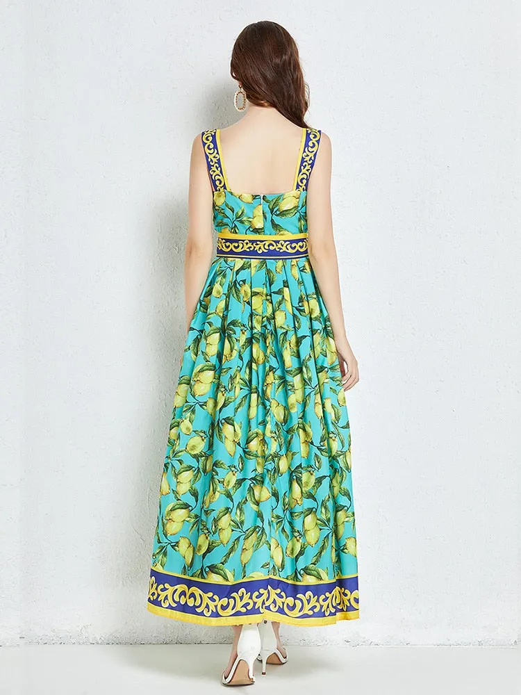Znbbw Women's Runway Fashion Maxi Dress Summer Bohemia Lemon Print Lace Up Belt High Waist Vacation Long Spaghetti Strap Dress - Image 2