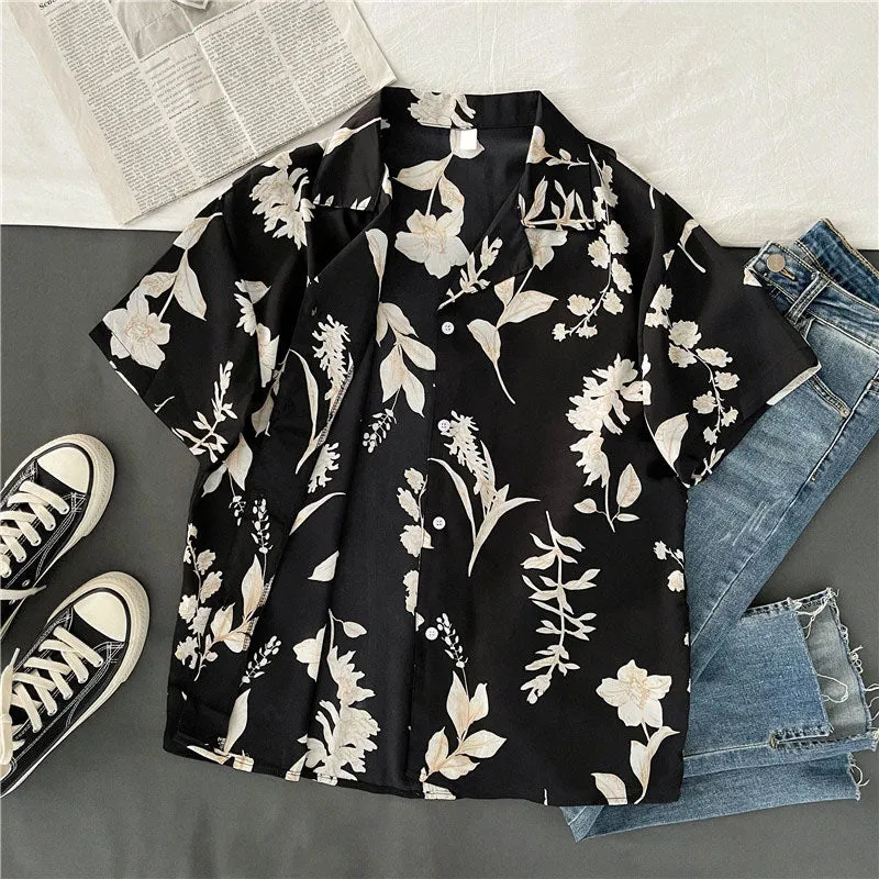 Znbbw Women Turn Down Collar Short Sleeve Blouse College wind Leaf Print Shirts Summer Casual Office Button Vintage Shirt Tops - Image 4