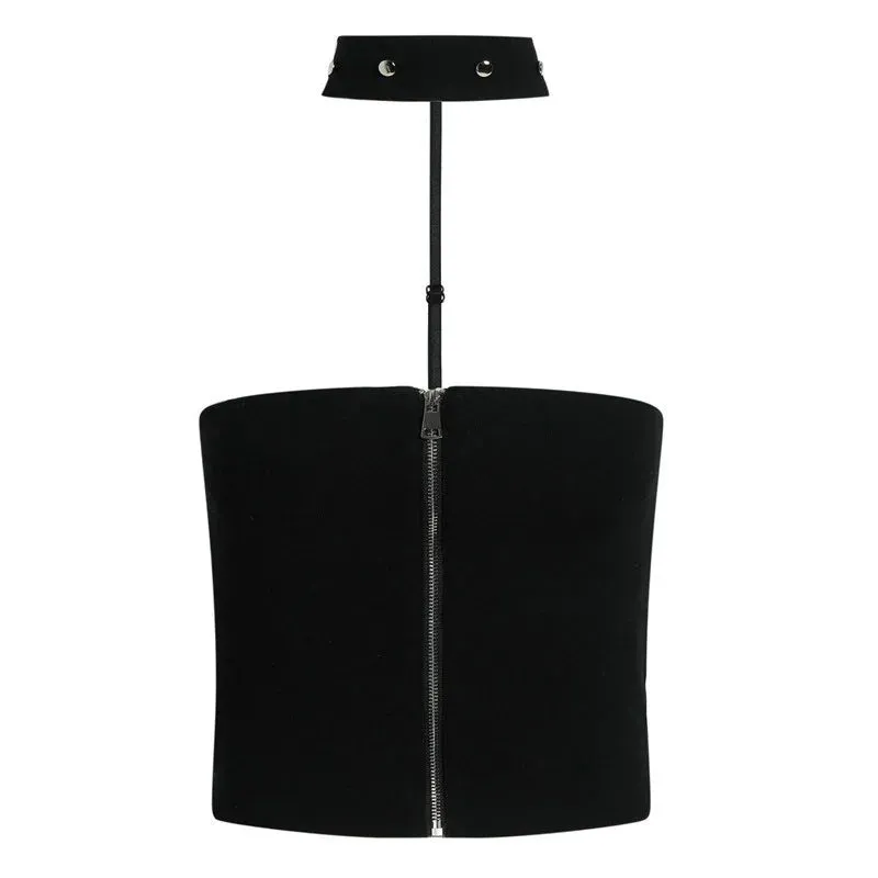 Znbbw Women's Korean Tank Top Zipper Neck Strap Bra Sexy Slim Fit Open Umbilical Top - Image 3