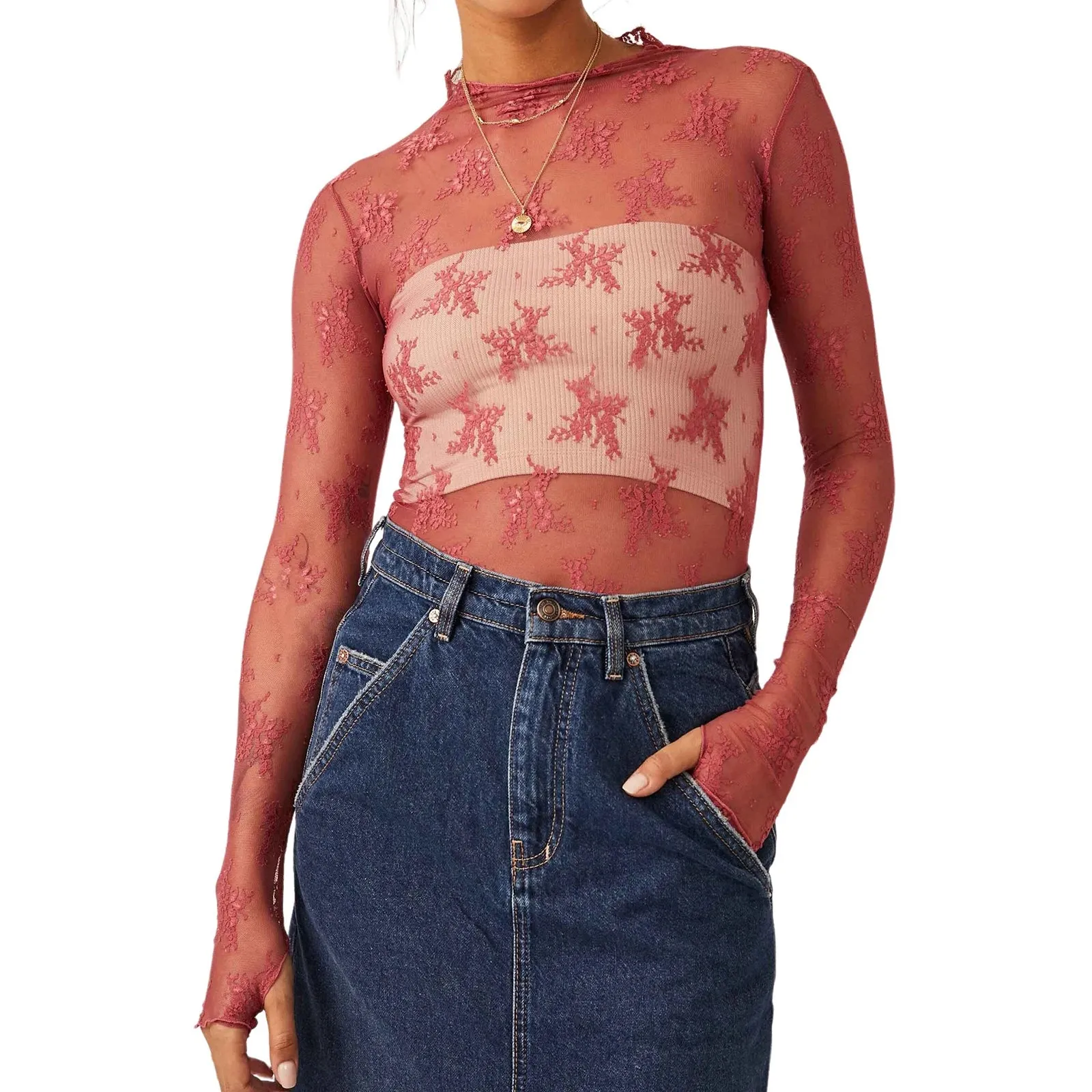 Znbbw Women y2k Fairycore T Shirt See Through Transparent Mesh Tops Long Sleeve Sheer Slim Ladies Turtleneck Aesthetic T-Shirts - Image 10