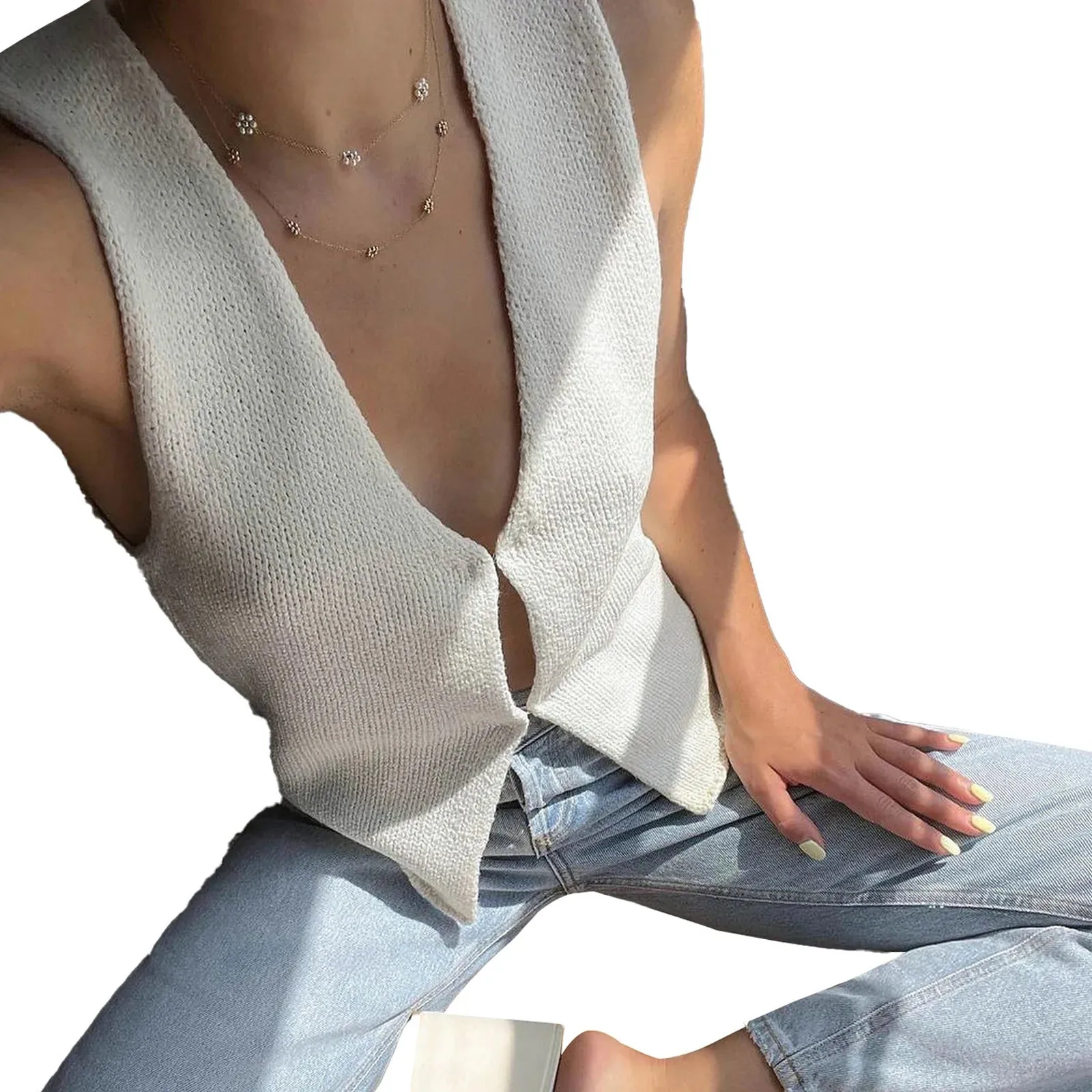 Znbbw Women y2k Fairycore Grunge Aesthetic Clothes Knit Vest Solid Button Down V Neck Sleeveless Crop Tops Vintage Casual Streetwear - Image 5