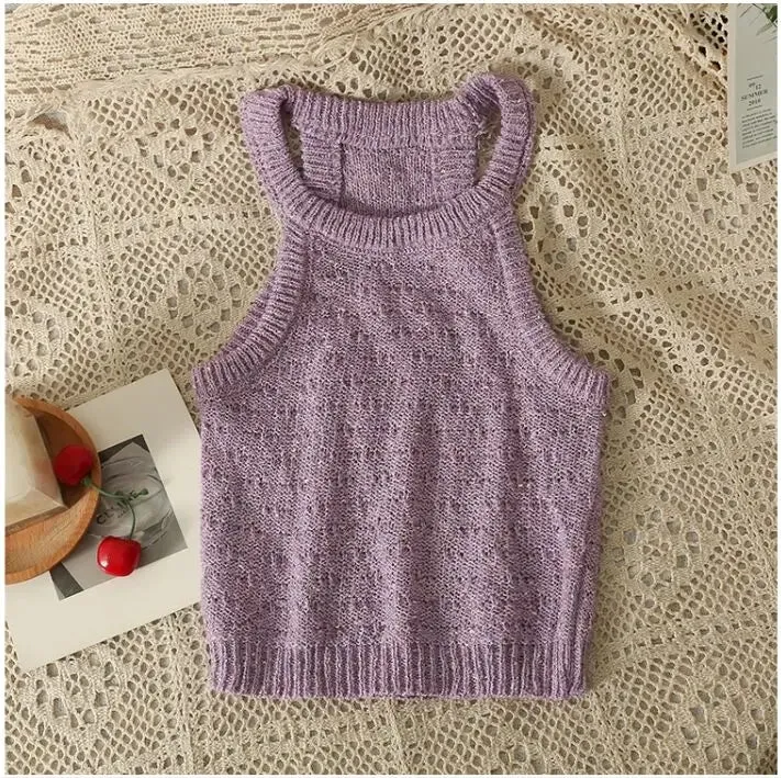 Znbbw Women Halter Collar Tank Crop Tops Female Sleeveless Short Knitted T-Shirt Stretchy Camisole Tees for Slim Girls - Image 12