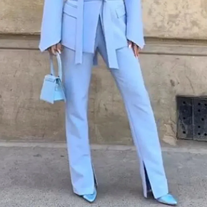 Znbbw Women's Suit Autumn Simple Office Fashion Solid Lapel Long Sleeve Nipped Waist Lace Up Blazer Top Loose Slit Pants Set - Image 2