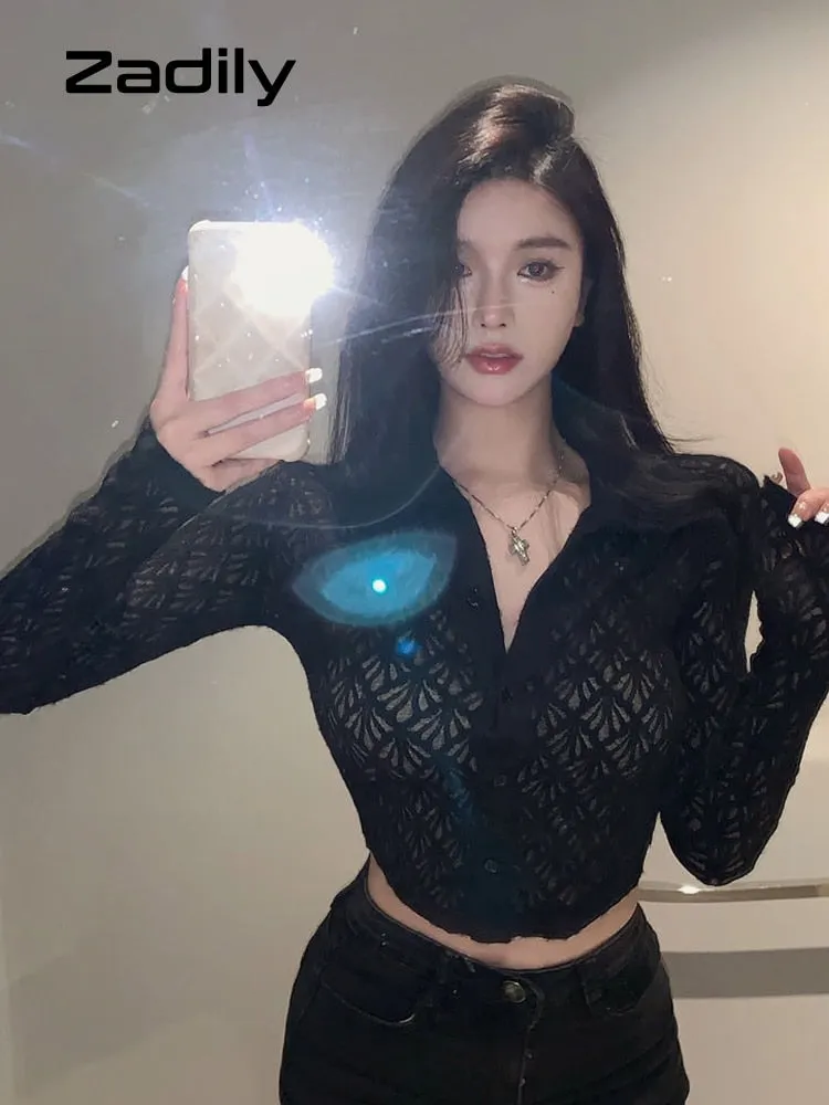 znbbw 2023 Summer Sexy Long Sleeve Lace White Shirt Women Street Style Y2K Button Transparent Crop Tops New Female Clothing - Image 8