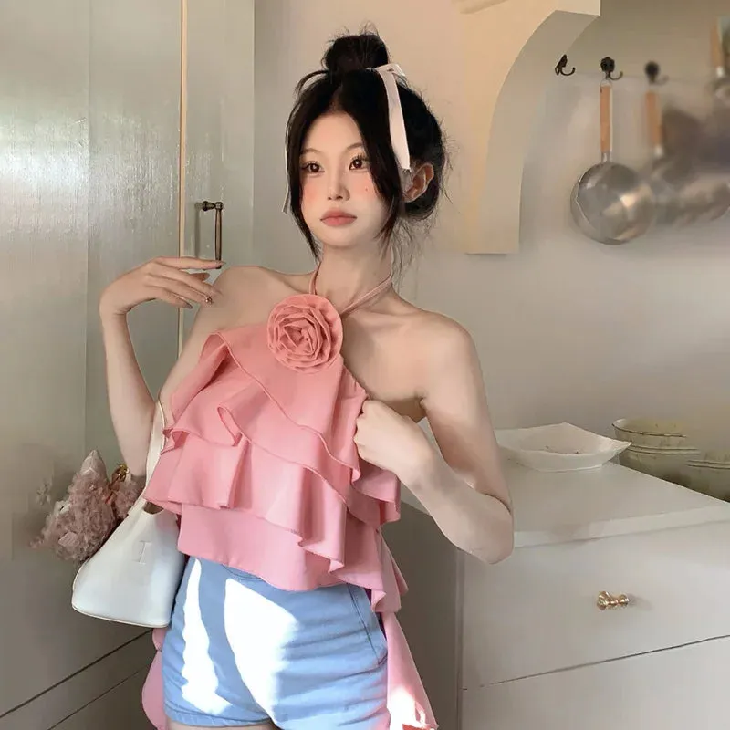 Znbbw Women's Top Women's Vest Ruffle Backless Flowers Versatile Sexy Camisole